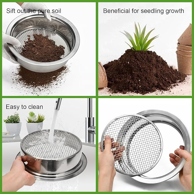 Soil Sieve Stainless Steel Riddle Sieve Set, 9.5" Diameter, Garden Sifter with 5 Filter Mesh Sizes 1,3,5,9,12mm and Bonsai Soil Scoops Gardening Tool