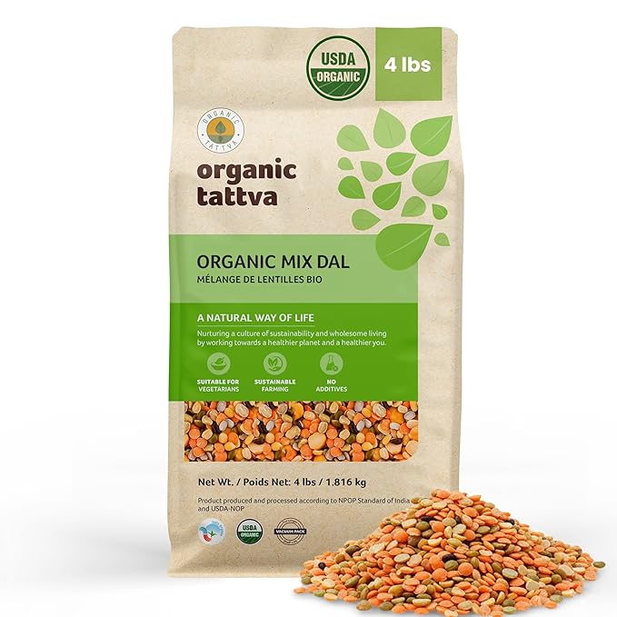 Organic Tattva Mix Dal (4 lbs) - Unpolished Lentils Organic, Gluten Free, Vegan & Kosher - High Protein Split Beans, Peas, Lentils Dry Mix - Pure Plant Based Nutrition - USDA Certified Legumes
