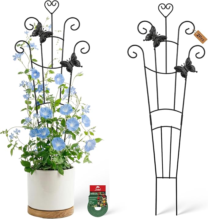 32.6in Plant Trellis for Climbing Plants Indoor with Butterflies, Expandable Large Metal Trellis for Potted Plants, Heavy-Duty Tall Pothos Plant Climber Support for Ivy Pothos Hoya Monstera, 2P