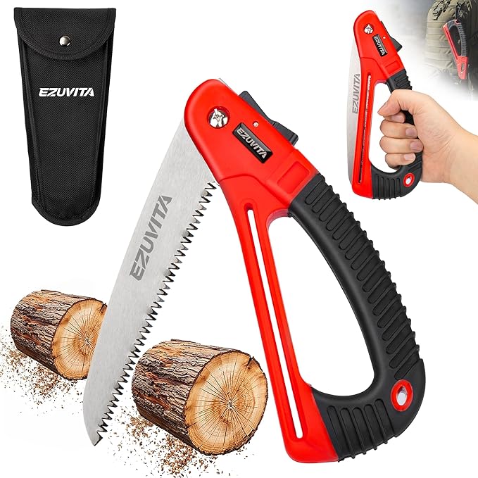7 Inch Folding Saw with EDC Pouch, Lightweight Hand Pruning Saw with Curved Grip, Triple-Cut Razor Teeth for Wood Cutting, Tree Trimming, Gardening, Camping, Hiking, Hunting