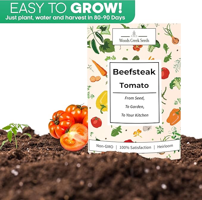 Woods Creek Seeds: Beefsteak Tomato Seeds for Planting - Heirloom Tomato Seeds for Planting Outdoors, Indoors, Patio or Home Plant Garden - Non-GMO Seed Pack of Large Juicy Tomatoes