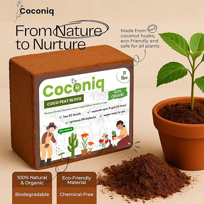 COCONIQ Premium Coco Coir Bricks 4 Pack - Lightweight Cocopeat for Garden Soil, Compressed Coconut Fiber Brick for Potting, Gardening, Planting, Seed Starting, Indoor & Outdoor Plants, Set of 4