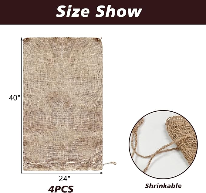 4 Pack 24” × 40” Burlap Winter Plant Cover Bags - Plant Covers Frost Protector with Drawstring Plant Covers Freeze Protection Frost Blankets Shrub Jacket，Freeze Blanket for Outdoor Plants Fruit Tree