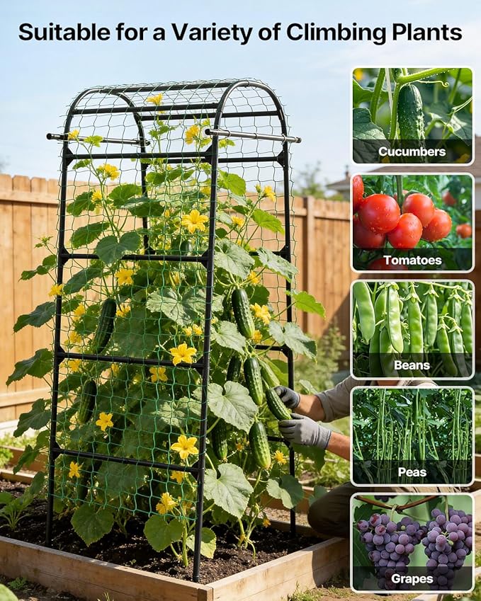 Suteck Garden Arch Cucumber Trellis – 85" Metal Garden Trellis Arch with Nylon Net for Climbing Vegetables, Vertical Plant Support for Raised Beds, Backyards & Patios, Ideal for Home Gardeners
