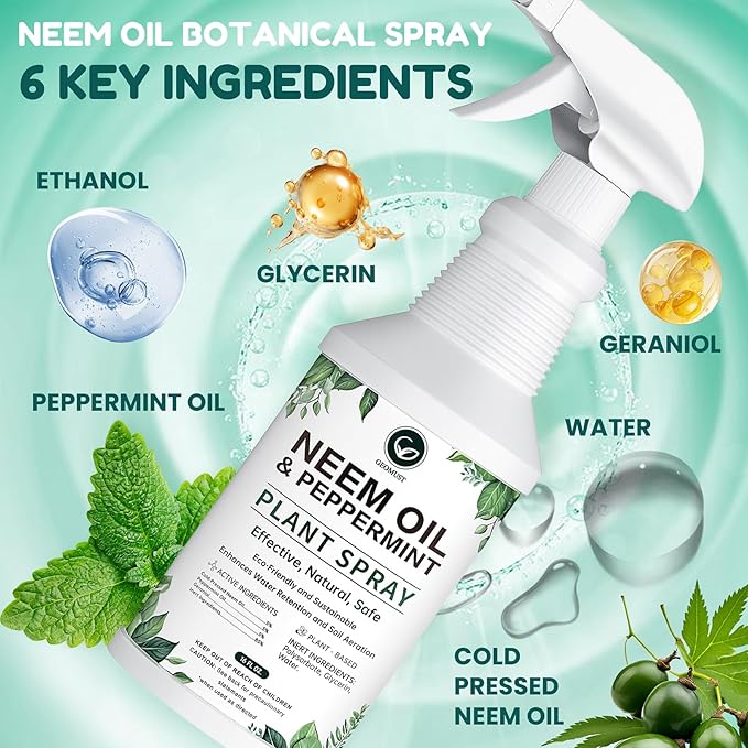 Neem Oil Plant Spray with Peppermint, 16oz Ready-to-Use, Natural Plant Protection, Multi-Purpose Botanical Spray for Indoor & Outdoor Use, Safe for Vegetables & Houseplants
