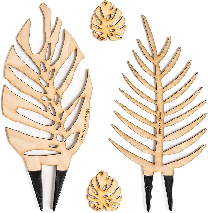 Treleaf Bare™ Bundle – Monstrella + Palmella - Set of 2 Wooden Plant Trellises for Indoor Climbing Houseplants – 12” Tall Customizable Leaf-Shaped Plant Supports