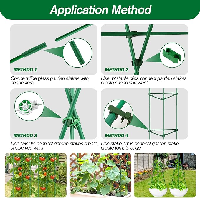 123PCS Garden Stakes Set with 36PCS 16 Inch Fiberglass Plant Sticks and Stake Arms, DIY 4ft 5ft 6ft 7ft 8ft Tomato Stakes, Garden Stakes for Vegetables Tomato Pepper Indoor Outdoor Plants