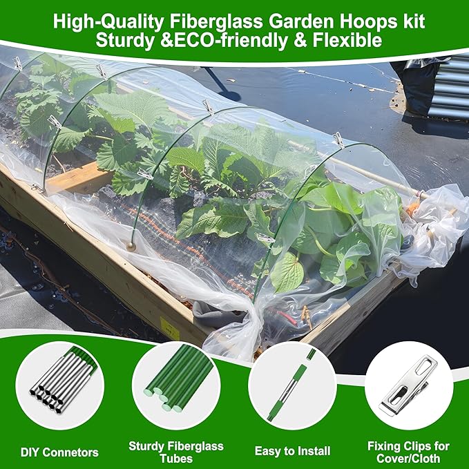 FOTMISHU Garden Hoops for Raised Beds Row Cover,6 Sets 8.4ft Grow Tunnel,Rust-Free Fiberglass Greenhouse Support Hoops Frame for Garden Mesh Netting, Outdoors Plant Growth -36PCS