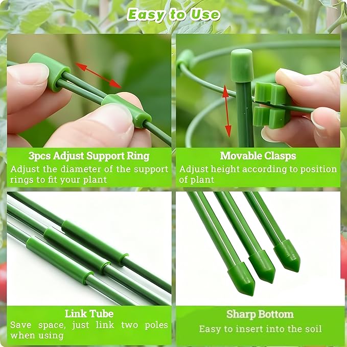 Tomato Cage Plant Support Cages for Garden, Upgrade Garden Plant Stakes with Adjustable Rings, Plants Trellis for Tomato, Flower, Climbing Plants, with Plant Tie and Clips 3 Pack 18 inches