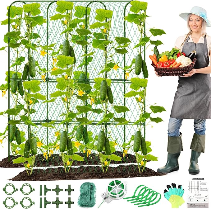 Cucumber Trellis for Raised Bed, Tall Metal Garden Trellis for Climbing Plants Outdoor with Netting, Gloves, Garden Tools, Trellis for Vegetables Plant Support Peas Fruit Flower Grape