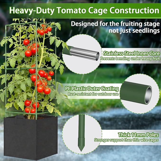 3 Pack Tomato Cages for Garden, 47in Tall Square Tomato Trellis with 15 Gallon Grow Bags, Plant Planter for Garden, Patio & Balcony, Metal Tomato Cage for Tomatoes Cucumbers Peas Climbing Plants
