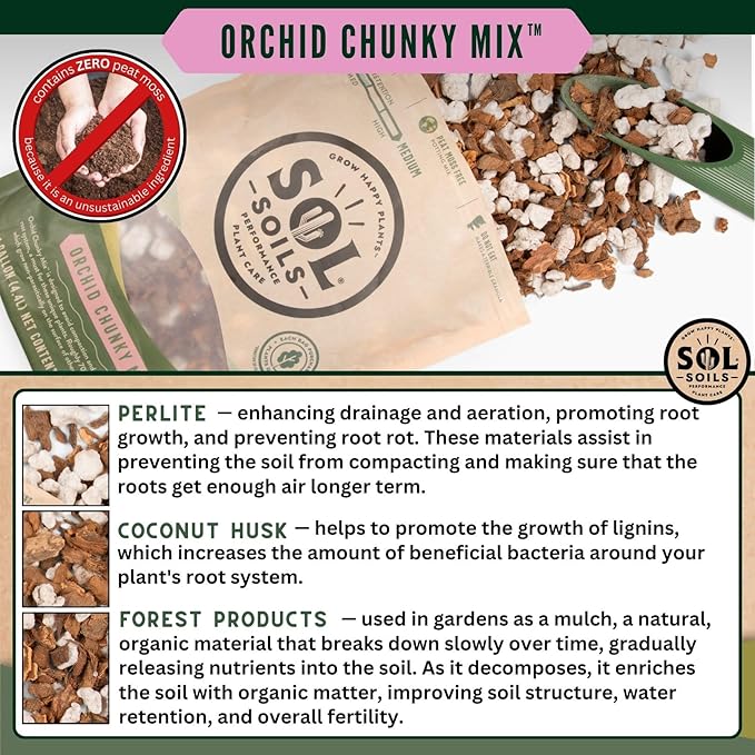 Sol Soils Chunky Orchid Potting Mix - 100% Peat-Free, Lightweight, and Aerated with Coconut Husk, Perlite & Recycled Forest Products for Fast Draining, Healthy Orchids - 2 Quarts