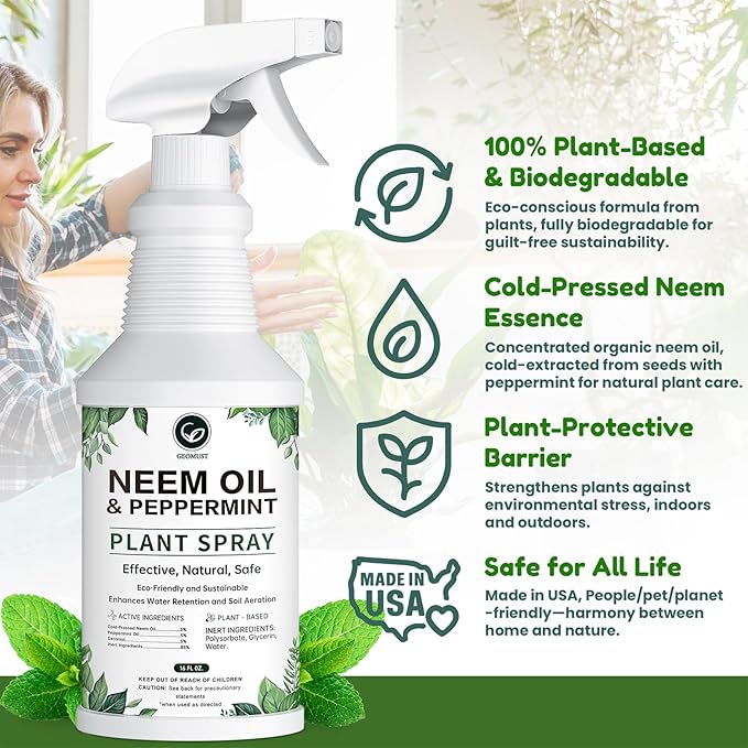 Neem Oil Plant Spray with Peppermint, 16oz Ready-to-Use, Natural Plant Protection, Multi-Purpose Botanical Spray for Indoor & Outdoor Use, Safe for Vegetables & Houseplants