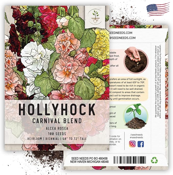 Seed Needs, Mixed Carnival Hollyhock Seeds - Heirloom Seeds for Planting Alcea rosea - Biennial Wildflower that Attracts Pollinators to the Garden (2 Packs)