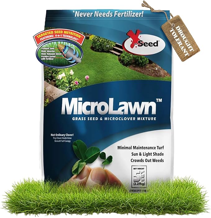 X-Seed Microlawn Grass Seed & Microclover Mix – Dense Self Feeding Lawn, Sun & Shade, Crowds Out Weeds, High Traffic, Drought-Resistant, 5 lb Bag