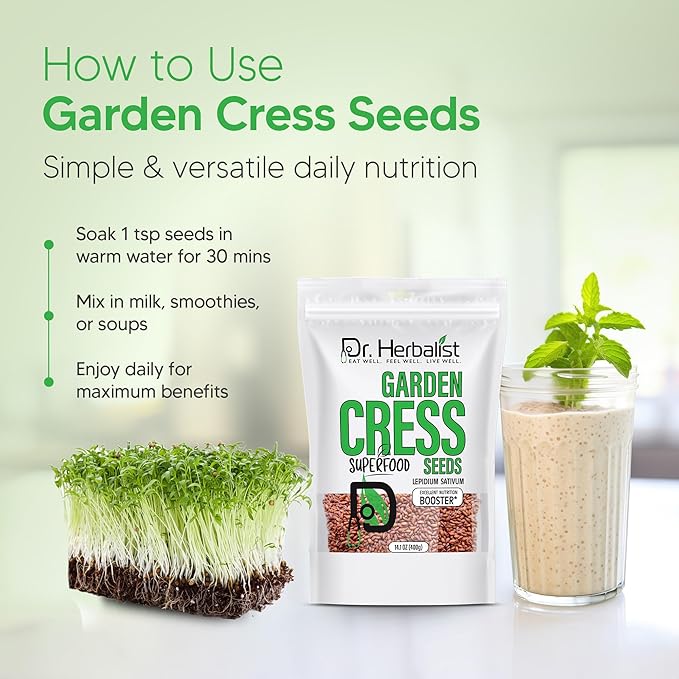 Dr. Herbalist Garden Cress Seeds 14.1oz (400g) – Premium Halim, Aliv, Haleem, Rashad, Watercress (Lepidium Sativum) – Superfood Seeds for Eating – Natural Nutrition Booster – Resealable Freshness Bag