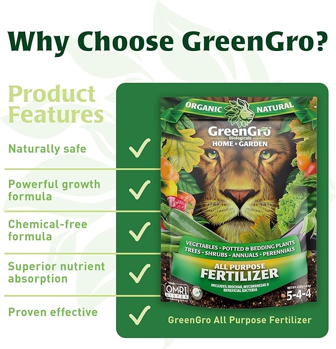 GreenGro All Purpose Organic Fertilizer - Outdoor & Indoor Plant Food/Great for Vegetable Gardens & Houseplants/Advanced Nutrients Derived from Fish Meal & Bone Meal/Biochar & Humic Acid (4 Lb)