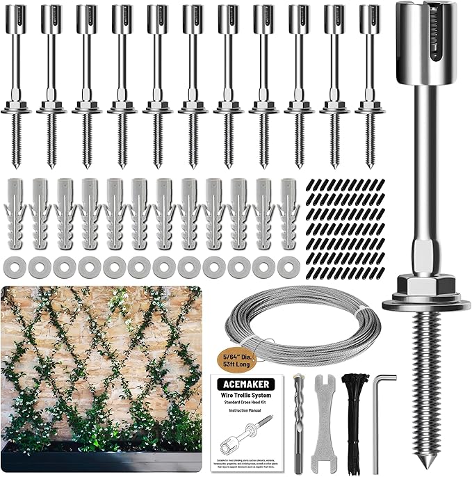 Wire Trellis for Climbing Plants Outdoor, 12-Set Wall Wire Trellis Kit with 5/64"(2mm) x 53ft Stainless Steel Cable, T316 Espalier System for Fence and Garden DIY Projects