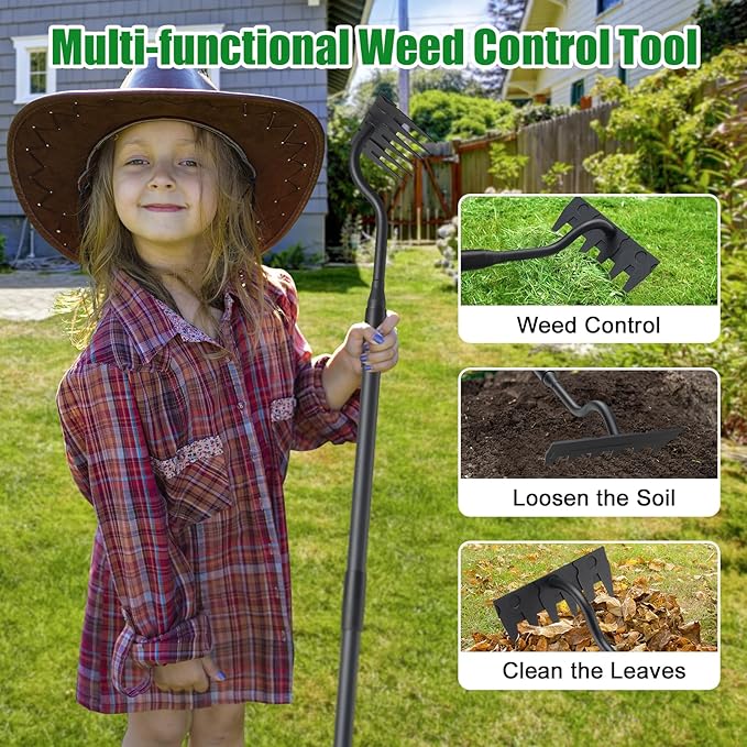 Weeding Garden Rake, 6 Tines Adjustable Weed Remover Tool Heavy Duty with Detachable Long Handle, 56 inch Weed Remover Gardening Hand Tool for Lawn, Yard, atio and Backyard