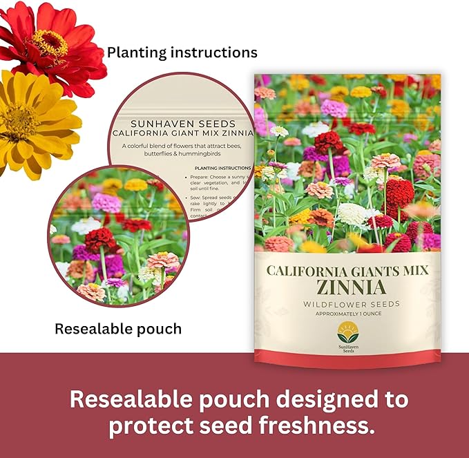 California Giants Zinnia Mix – 4,000+ Seeds – 1 oz Bulk Extra Large Resealable Packet – Premium Heirloom Zinnia elegans Seeds with Giant Blooms in Vibrant Colors
