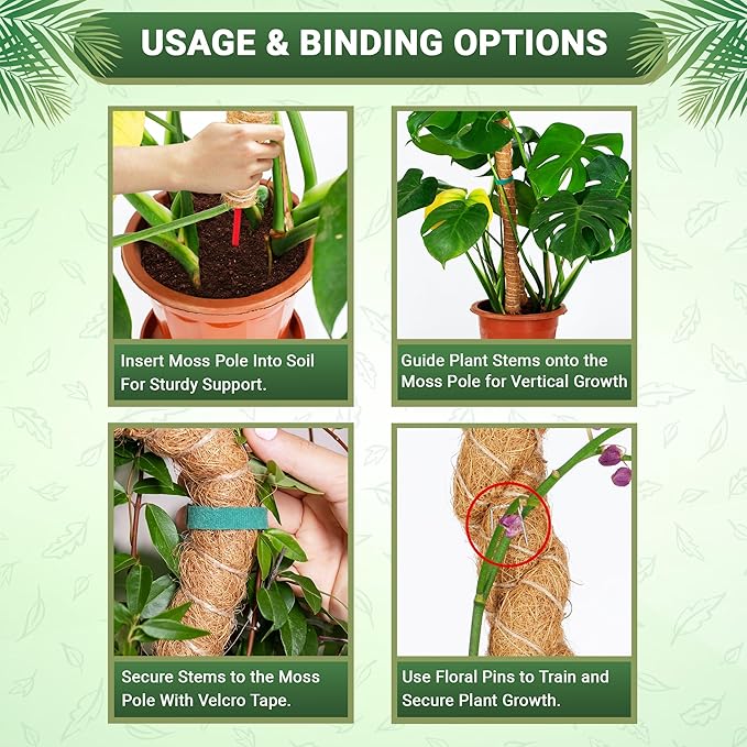 Bendable Moss Pole 48 Inch for Monstera & Climbing Plants – Coco Coir Moss Stick for Indoor Plant Support, Trellis Pole for Pothos, Philodendron, Plant Stake for Home Gardeners 5 Pins & 1 Tape