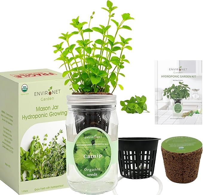 Hydroponic Herb Growing Kit, Self-Watering Mason Jar Herb Garden Starter Kit Indoor, Grow Your Own Herbs from Seeds (Catnip)