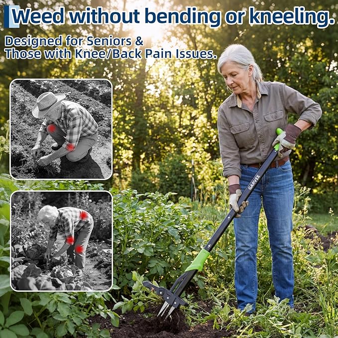 Garvee Stand Up Weed Puller with Ejector - Long Handle with Easy-Eject Easily Remove Weeds Without Bending, Pulling, or Kneeling.