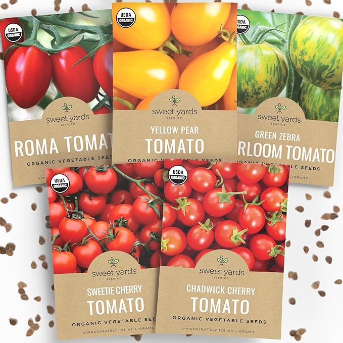 Organic Cherry Tomato Seeds Variety Pack - 5 Individual Packs - 2026 Season - Green Zebra, Sweetie Cherry, Chadwick, Yellow Pear and More! for Indoor & Outdoor Planting (Non-GMO, Certified Organic)