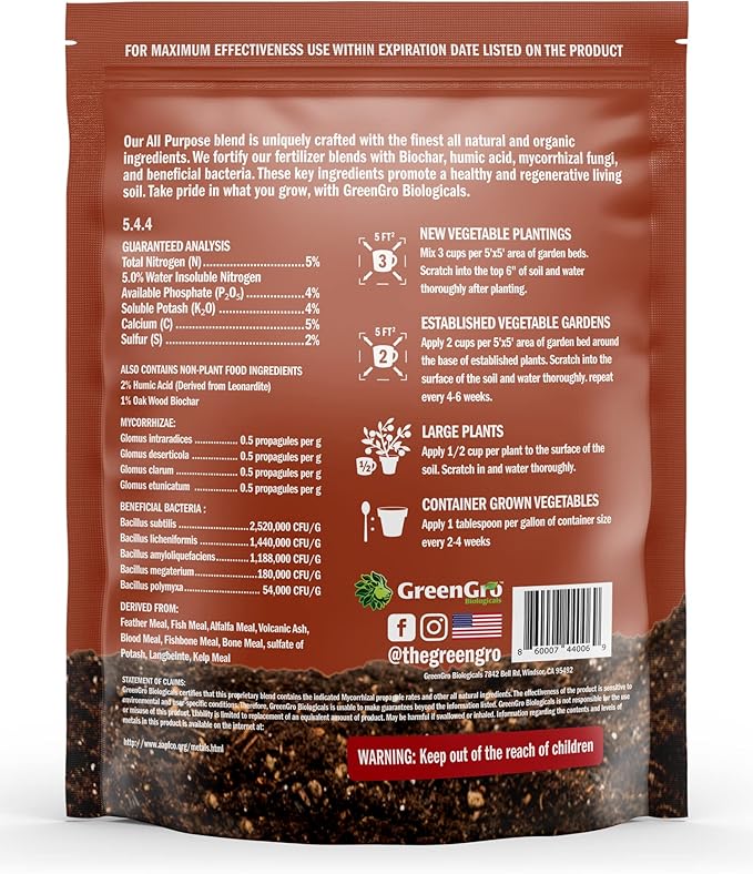 GreenGro All Purpose Organic Fertilizer - Outdoor & Indoor Plant Food/Great for Vegetable Gardens & Houseplants/Advanced Nutrients Derived from Fish Meal & Bone Meal/Biochar & Humic Acid (4 Lb)