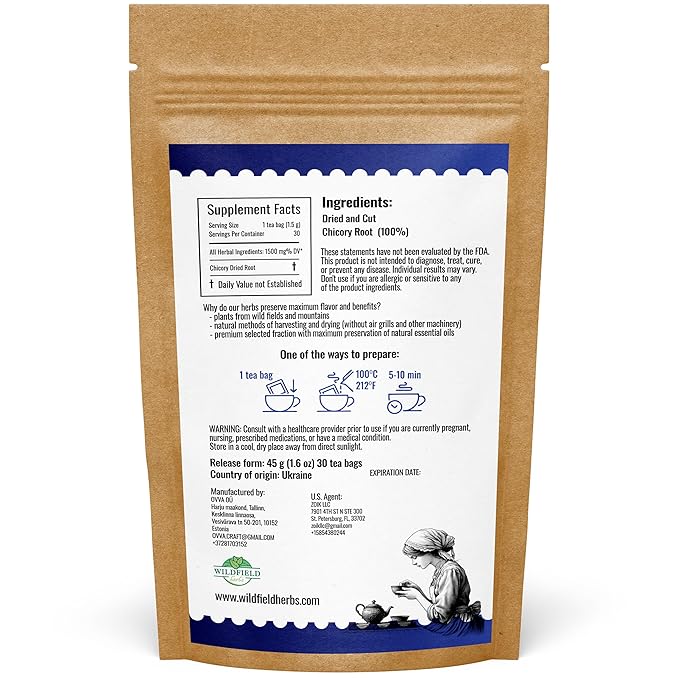 30 Bags Tea Chicory Root Tea Herbal (Cichorium Intybus) - 30 Count 1.5g Bags Chicory Root Herb Achicoria