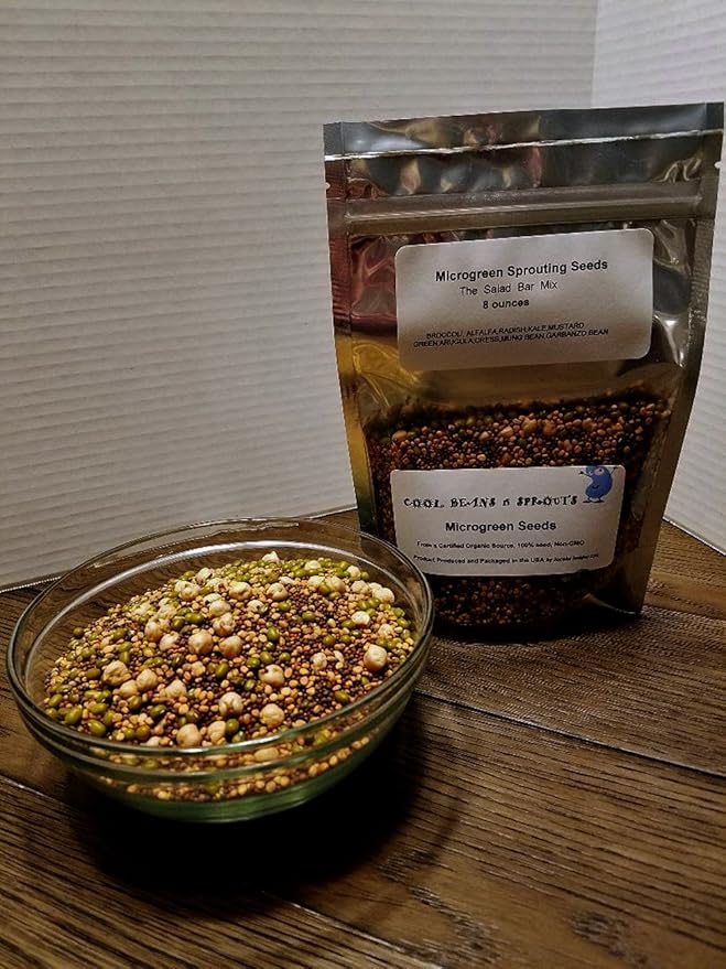 The Salad Bar Mix Seeds for Sprouting microgreens, 8 Ounce "COOL BEANS n SPROUTS" Brand,Broccoli, Alfalfa, Radish, Kale, Mustard, Arugula, Cress, Mung Bean, Garbanzo Bean