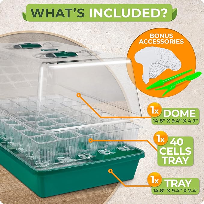 CARPATHEN Seed Starter Tray - Seed Starting Tray with Hard Plastic Humidity Dome and 40 Cells for Seedlings - Plant Germination Trays Plant Starter Kit and Base Mini Greenhouse Germination Kit