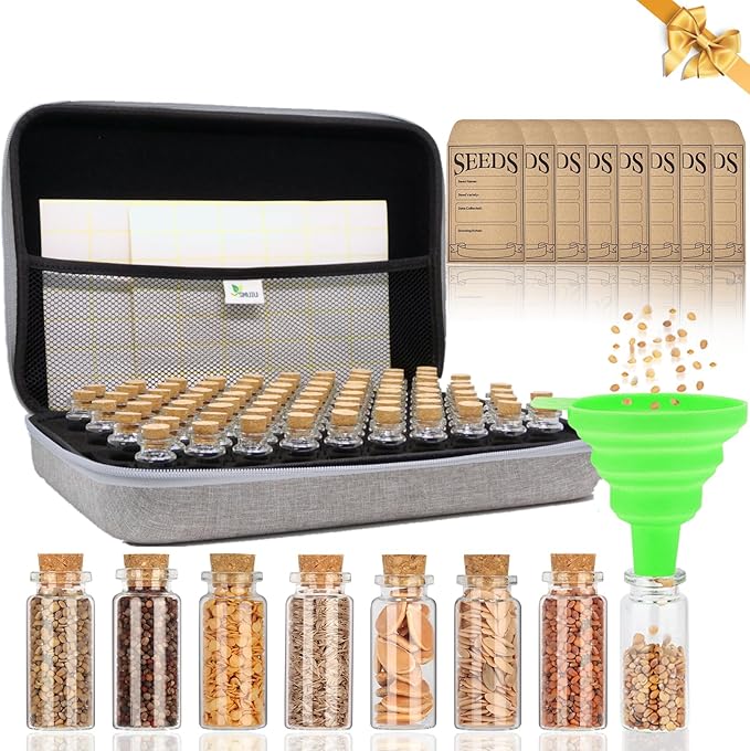 SMUJU 80 Slots Seed Storage Organizer with 40 Seed Envelopes, Sturdy Organizer Storage Box with Label Stickers, Glass Container for Flower Vegetable Garden Seed Saving (Seeds not Included)