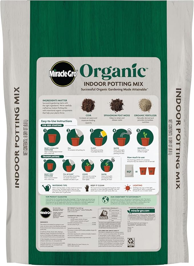 Miracle-Gro Organic Indoor Potting Mix - Protects Against Over and Under Watering, Planting Soil for Indoor Container Plants, Houseplants and Starter Plants, OMRI Listed, 8 qt. (2-Pack)