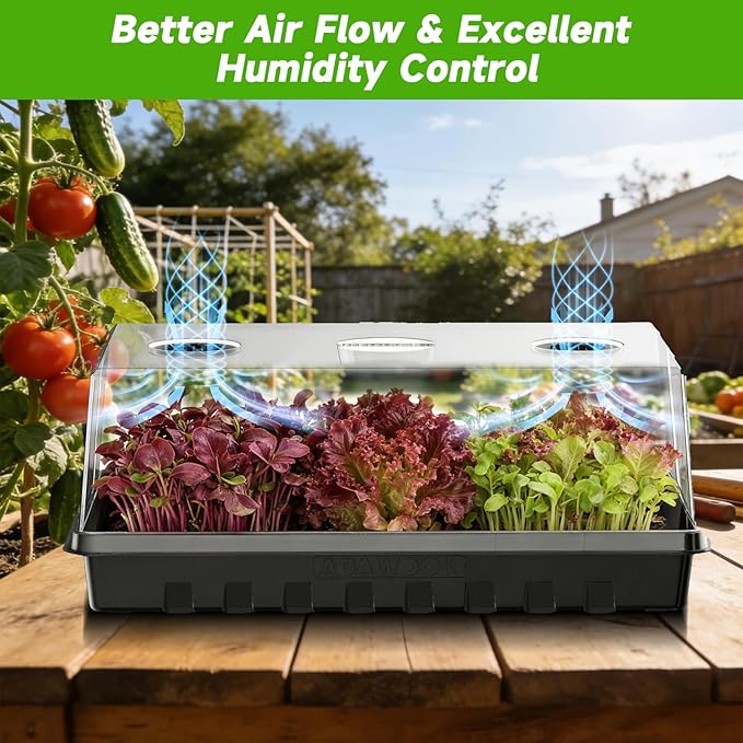 Seed Starter Tray, Gardening Plant Grow Trays Kit for Seedling, Germination Trays with 4.72 Inch High Humidity Domes，Large Growing Space & Better Air Flow for Seed Starting, Mini Greenhouse, 3PCS