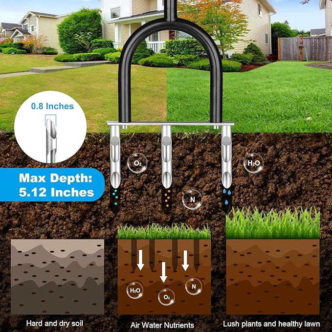 Manual Lawn Aerator Tool, 3 Hollow Tines Plug Lawn Core Aerator, Heavy Duty Hand Soil Aerator Tool with Adjustable Handle, Grass Aeration Garden Tools for Lawn Care, Compacted Soil, Yard