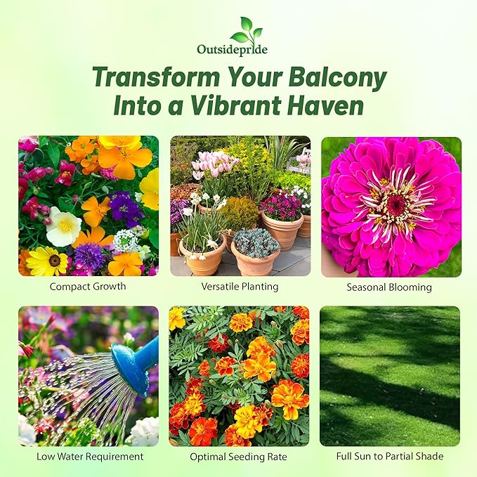 Outsidepride Balcony Wild Flower Seed Mix - 10,000 Seeds, Windowsill-Friendly Annual & Perennial Flower Seeds for Small Spaces, Easy-to-Grow Variety, Ideal for Balcony Gardens & Urban Flower Beds