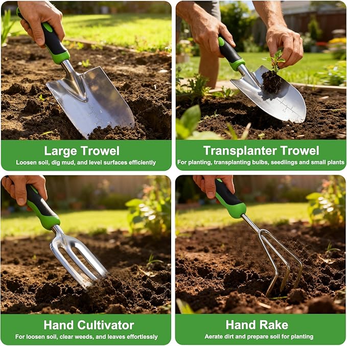 Yesker Gardening Tools 9-Piece Heavy Duty Garden Tool Set Gardening Supplies Gifts for Women Men Gardening Hand Tool Kit with Non-Slip Ergonomic Handle, Garden Bag, Durable Gloves and Shears, Green