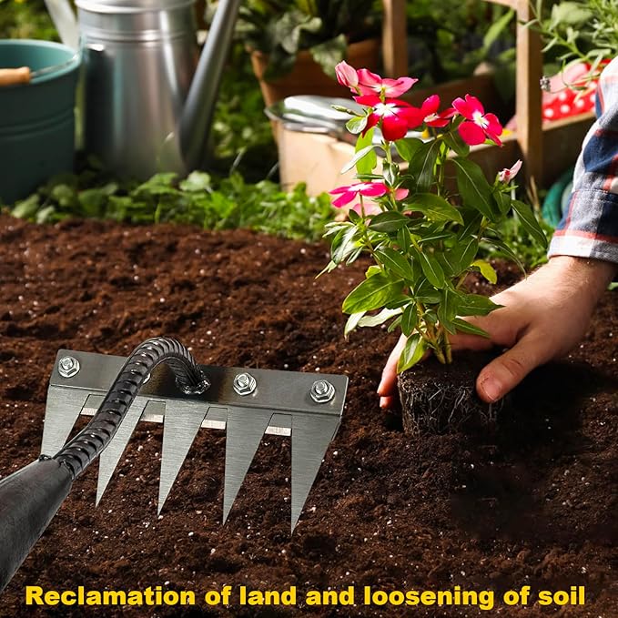 Ironrake The Heavy-Duty Iron Weeding Rake,1pc Iron Rake for Gardening and Weeding with 5 Metal Tines,Weeding Rake for Sturdy Dethatching,Ironrake for Backyard Lawn Loosening Planting Weeding (5 TINES)