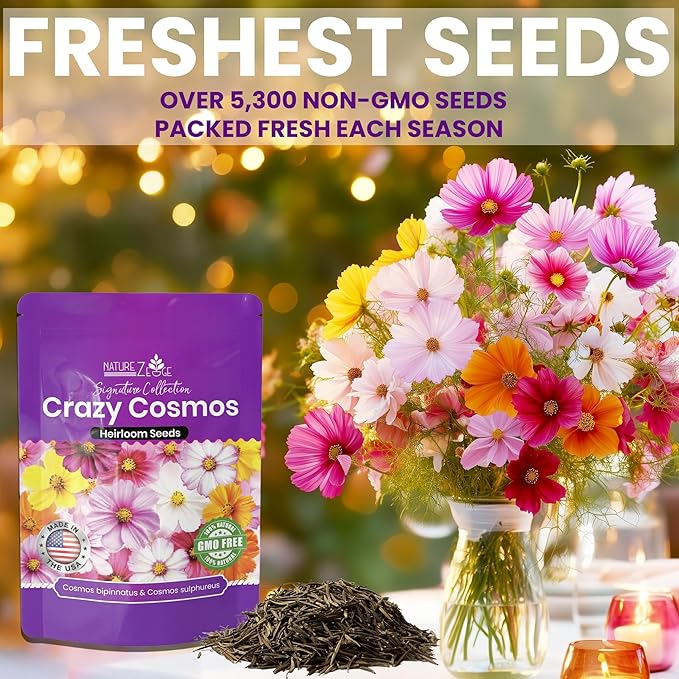 NatureZ Edge, Crazy Cosmos Seeds for 2026, 5300 Cosmos Seed, 1.25 oz, Made in USA, Annual Cut Flowers, Wildflower Seeds Bulk for Planting Flowers, Wild Flowers Seed Throw and Grow, semillas de Flores