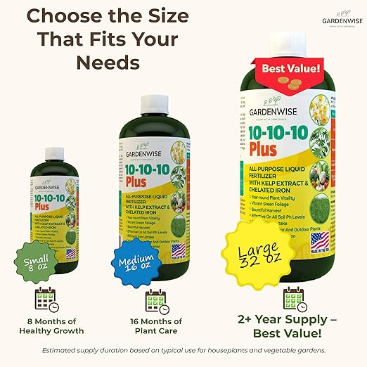 10-10-10 All Purpose Plant Food - Liquid Fertilizer with Seaweed Kelp & Iron - Indoor & Outdoor Plant Food, Vegetables, Flowers, Lawn & Garden 1x16 oz