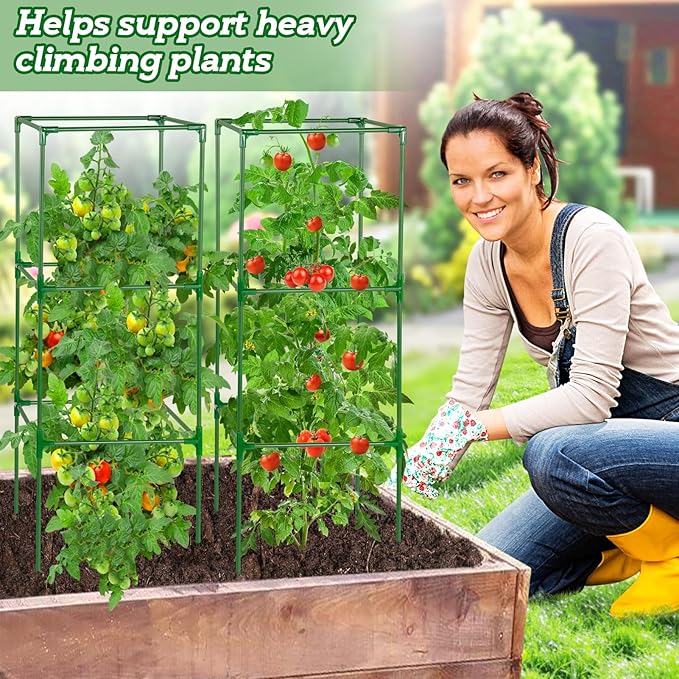 45x14.5x14.5in Adjustable Tomato Cage for Garden - 2 Pack Easy to Assemble Square Tomato Plant Support Poles, Heavy Duty Metal Plant Tower Stakes Cucumber Trellis for Climbing Vegetable Flowers Fruits