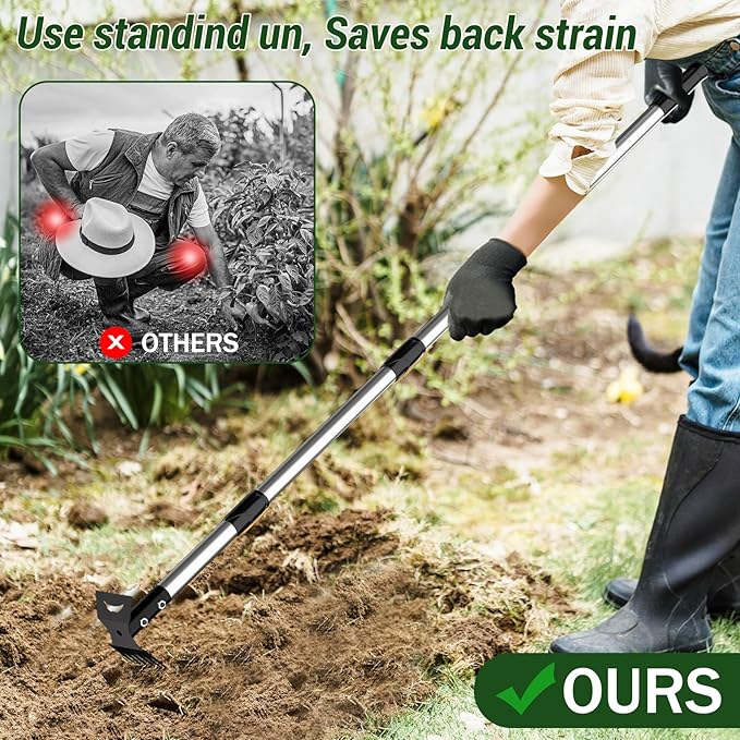 Weed Puller Tool with Long Handle – 2-in-1 Handle Garden Hoe and Weed Rake, Hoe Garden Tool for Home Gardens, Lawns, and Yards