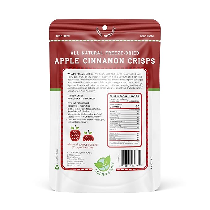 Nature’s Turn Freeze-Dried Apple Cinnamon Crisps – Healthy, Gluten-Free, Crispy & Delicious, Plant-Based Snack, Ideal for Cereal, Smoothies, School Lunches, & On-the-Go, Bags of 6 (0.53 oz Each)