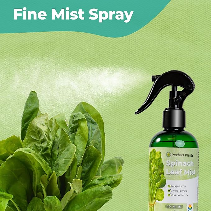 Spinach Leaf Mist Fertilizer by Perfect Plants | Liquid Plant Food Spray for Indoor and Outdoor Potted Vegetable Gardens | Balanced NPK Nutrients (8 fl oz)