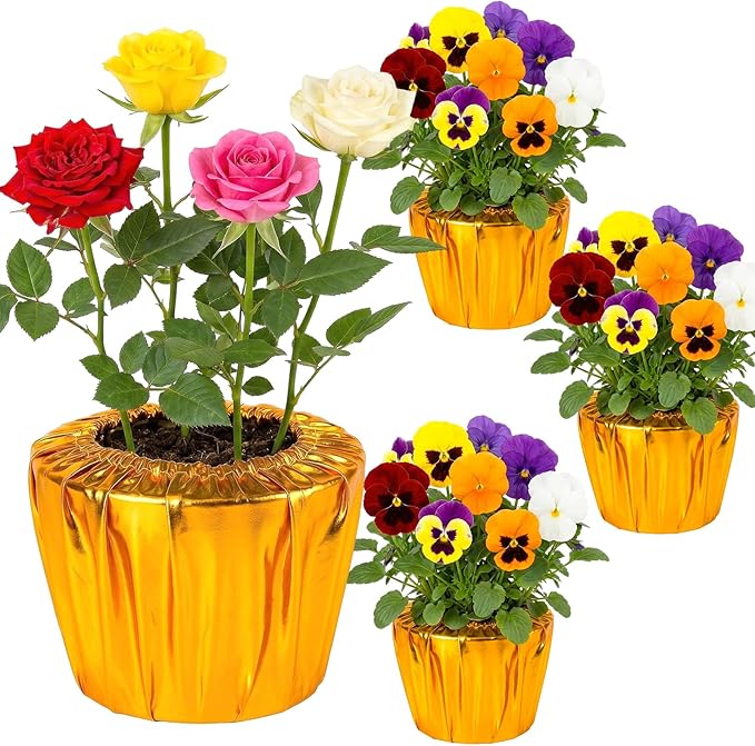 4 Pack Plant Pot Covers, Decorative Plant Sleeve Fit for 6 Inch Pots, Reusable Golden Cloth Wrap for Potted Plant, Versatile Planter Cover for Weddings Parties and Holidays (Fit for 6" Pots)