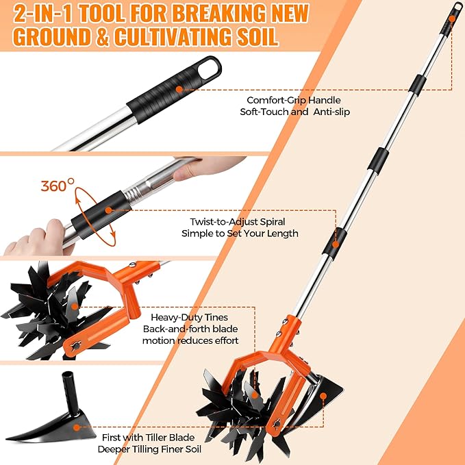 Pankay Rotary Hand Tiller for Gardening, Garden Cultivator Tool with Tilling Blade, 63’’ Adjustable Stainless Steel Poles Cultivators for Gardening, Lawn Care, Reseeding Grass, Soil Mixing