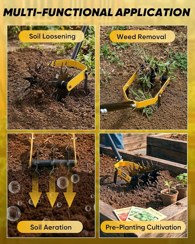 SAKER Rotary Cultivator Hand Tiller Tool – 2-in-1 Manual Garden Tiller & Weeder with Adjustable 72.4in Long Handle, 3-Blade Steel Rotary, Heavy Duty Soil Cultivator for Raised Beds, Yard & Garden