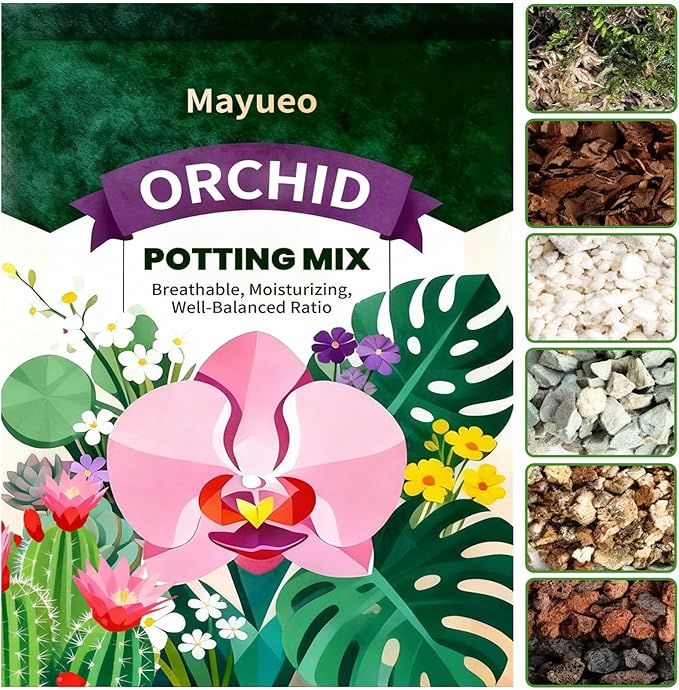 Organic Orchid Potting Mix, Mixture of Perlite, Pine Bark, Volcanic Rock, Coconut Coir, Pine Needle Soil, and 7 Other Components+Orchid Sphagnum Moss (3 QT)