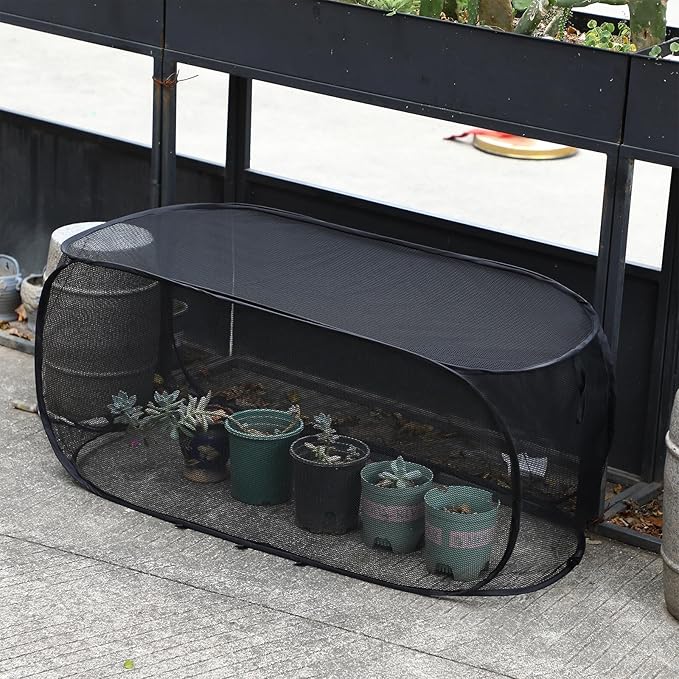 4 Pcs 39" x 18" x 16" Pop up Garden Mesh Plant Cover Outdoor Plant Protector Garden Row Raised Bed Cover with Ground Nails Crop Cage Net for Seedlings Vegetable Fruit Herbs (Black)